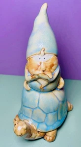 Gnome Sitting on Turtle Glazed Studio Art Pottery Figurine Hand Painted - Picture 1 of 6