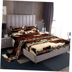 Cowhide Fitted Sheet Brown Highland Cow Print Sheet Set,Western Queen Multi 07 - Picture 1 of 6
