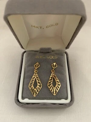 NEW IN BOX 14K Gold Earrings Diamond Cut Dangle Filigree VINTAGE - Image 1 of 4