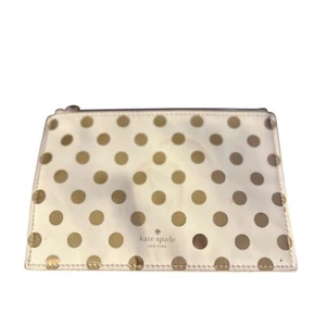 Kate Spade Pouch Cosmetic Bag Gold Polka Dot Stripe Lined Cute - Picture 1 of 3