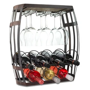 Made Easy Kit Wine Bottle and Glass Holder Rack, Metal and Wood Freestanding - Picture 1 of 6