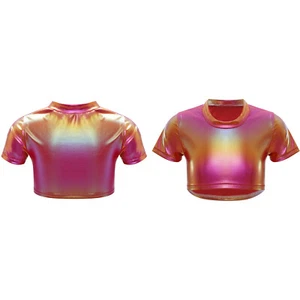 Kids Girls Tee Performance Crop Top Short Sleeve T-shirt Metallic Costume Party - Picture 1 of 54
