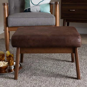 Footstool Mid-Century Modern Walnut Wood Dark Leather Indoor Durable Comfortable - Picture 1 of 13