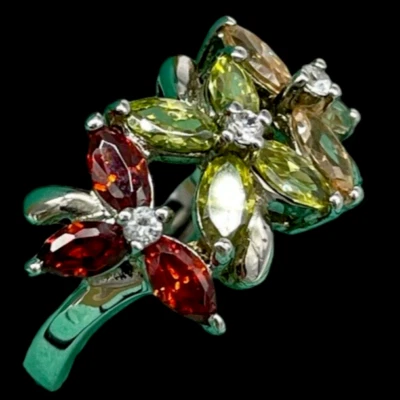 Anello Donna Misura 16 fiori rossi gialli e verdi Argento 925 italiano luminoso. - Immagine 1 di 4