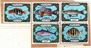 LIBYA 1973 SALT WATER FISH FIVE STAMPS SET USED ON PAPER SCOTT 526-530 - Picture 1 of 8