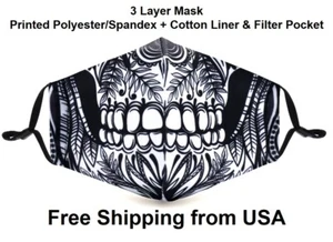 Sugar Skull Face Mask Print Costume Reusable Washable Filter Pocket 2 Filters - Picture 1 of 10