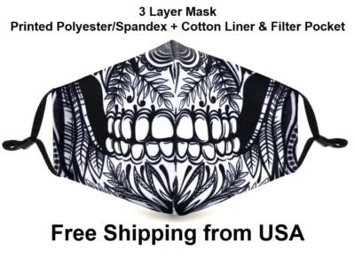 Sugar Skull Face Mask Print Costume Reusable Washable Filter Pocket 2 Filters - Image 1 of 4