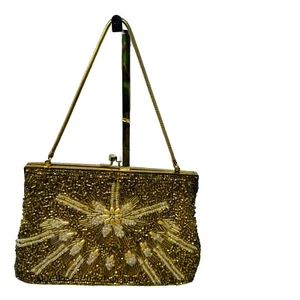 Gold Evening Bag beaded 7” Kiss Lock Vintage - Picture 1 of 9
