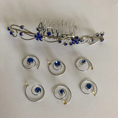 Silver Bridal Royal Blue Crystal Hair Comb Hair Piece Prom Party & 6 Sparkettes - Image 1 of 4
