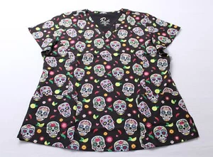Maevn Women's 3-Pocket V-Neck Print Scrub Top WR4 Happy Sugar Skull Large NWT - Picture 1 of 3