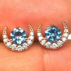 Gemstone 5 mm. Swiss Blue Topaz & Zircon Earrings 925 Silver Rose Gold 