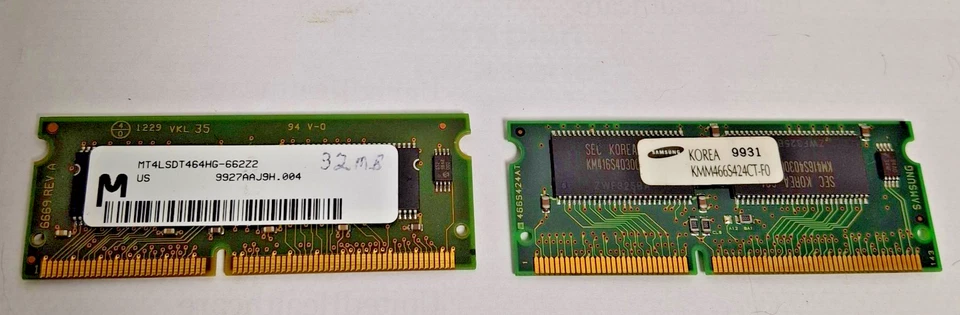 (2 Piece Lot) Samsung 32MB KMM466S424CT-F0 SODIMM PC66  &   (MT4LSTD464HG-662Z2) - Image 1 of 4