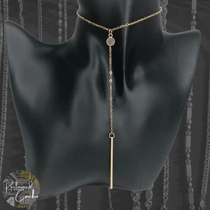 Womens Gold Tone Disc Rod Charm Pendant Y Chain Necklace Simple Alloy Jewelry - Picture 1 of 3