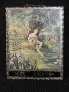 Vtg Religious Art 1940's Scalloped Edge Glass Over Print Tin Backing w/Chain - Picture 1 of 5