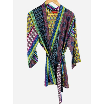 Josie Natori XS Kimono Robe Envoltório Boho Paisley Estampa de Listras Florais - Imagem 1 de 4