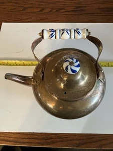 Vintage Copper Tea Kettle with Blue and White Porcelain Knob And Handle - Picture 1 of 6