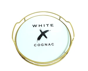 SELTENES rundes Serviertablett aus weißem x cognacfarbenem Glas und goldfarbenem Metall - Bild 1 von 8