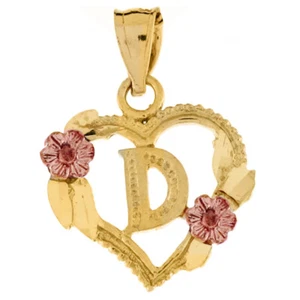 Genuine 14k Two-tone Gold 0.66" Initial D Heart-shaped Flower Pendant For Women - Picture 1 of 4