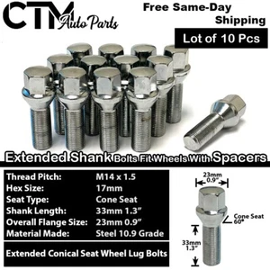 10x Chrome 14x1.5 Cone Seat Lug Bolts 33mm Shank Fit BMW & EU with 3-8mm Spacer - Picture 1 of 5