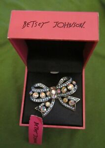 Betsey Johnson 2 1/2" Wide White and Pink Rhinestone Bow Pin NWT and Box