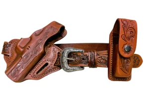 HAND TOOLED COMBO HOLSTER+MAG POUCH+BELT FOR GLOCK G17,G19,G22,G23,G31 - Picture 1 of 8