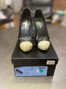Chanel Black Silver Patent Leather Glitter Platform Heels Pump Size 37 - Picture 1 of 7