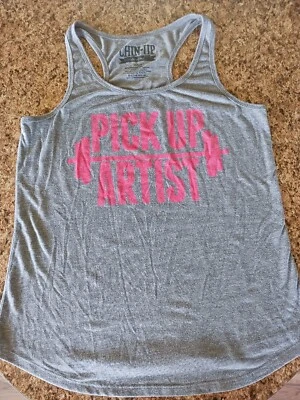 Подбородок одежда женщин Майка M серый розовый пикап художник графический спортивная спина - Изображение 1 из 2