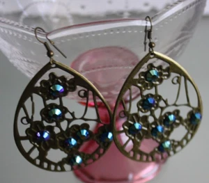 Big Bronze Dangle Earrings Green Rhinestones Women's Boho Costume Jewelry New - Picture 1 of 3