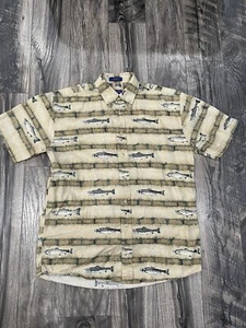 PENDLETON COTTON TAN TROUT FISH BUTTON DOWN SHORT SLEEVE SHIRT, SIZE M - Picture 1 of 9