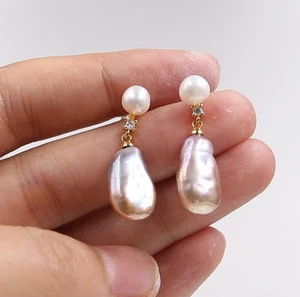June Pearl Purple 8x10x16 mm Cultured Pearl Stud 18KGP Stud Earrings - Picture 1 of 4