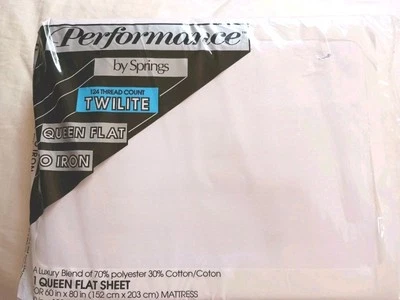 Vtg Performance by Springs White Queen Flat Sheet No-Iron Twilite Solids New - Image 1 of 4