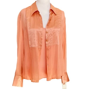 Bob Mackie Studio Sz 16 Coral Orange Silk Shirt And Tank Sheer Crepe Satin New - Picture 1 of 15