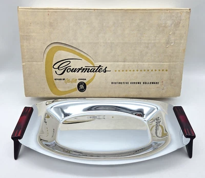Vintage Glo-Hill Gourmates Chrome Tray Bakelite Handles Original Box Canada MCM - Image 1 of 4