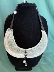 New Zealand Maori Shell Carved & Tahiti Tahitian   Pearl Necklace 18”-20” Long - Picture 1 of 5