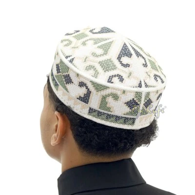 White Army Green Blue Embroidered Orchid Design Semi Rigid - Pakistani Topi Kufi - Image 1 of 4