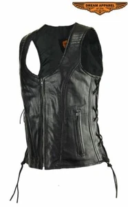 Chaleco de cuero de motocicleta para mujer cierre con cremallera plisada, negro- M,L,XL,2XL,3XL,4XL - Imagen 1 de 7