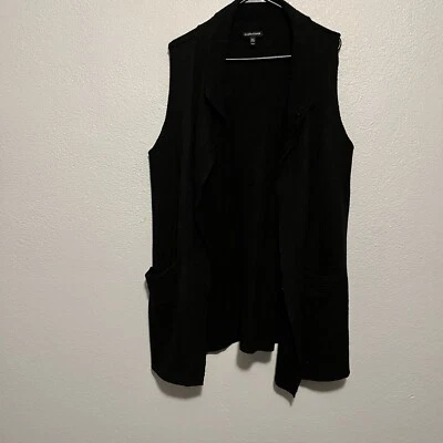 Chaleco largo abierto Eileen Fisher negro ventana mezcla lana franela talla M Foto 1 de 4
