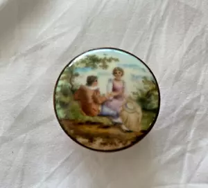 Antique French Brass Rouge / Snuff Box c1860 Hand Painted Enamel Top - Picture 1 of 5