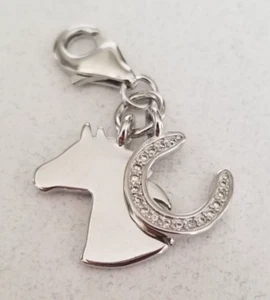925 Sterling Silver Horse with Crystal Stones Horseshoe Lucky Charm Pendant NEW - Picture 1 of 6