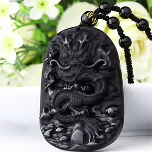 Natural Black Obsidian Hand Carved Dragon Lucky Blessing Beads Pendant Necklace - Picture 1 of 5