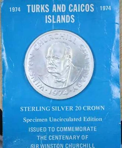 1974 Turks & Caicos Islands 20 Crowns Churchill Centenary Sterling Silver Coin i - Picture 1 of 5
