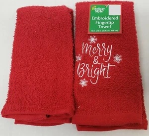 2 SAME KITCHEN FINGERTIP EMBROIDERED TOWELS (10"x16") MERRY & BRIGHT ON RED, DG - Picture 1 of 11
