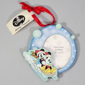 Disney Picture Frame Xmas Ornament Mickey Minnie Mouse Snow Sled Blue Glitter - Picture 1 of 9