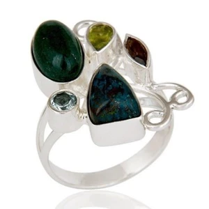 Huge!! Chrysocola, Peridot, Blue & Smokey Topaz 925 Sterling Silver Ring Jewelry - Picture 1 of 3