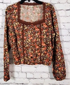 Self E braun geblümt Langarm quadratischer Ausschnitt Crop Top Gr. L Spitze  - Bild 1 von 17