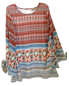 R Cinco Ranch Popover Tunic Womens Large Ikat Boho Western Artsy Abstract Aztec - Picture 1 of 4