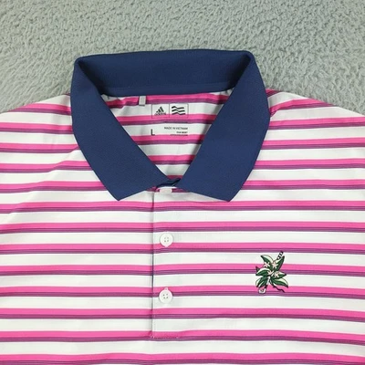 Adidas Golf Polo Shirt Mens Large Pink White Navy Striped Performance Palm Logo - Image 1 of 4