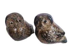 Vintage Set 2 Miniature Stoneware 1" Owl Figurines  Brown Black Tan - Picture 1 of 8