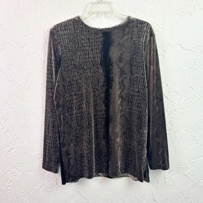 复古 90 年代棕色天鹅绒动物蛇皮印花长袖上衣,尺寸 M — 第 1/4 张图片