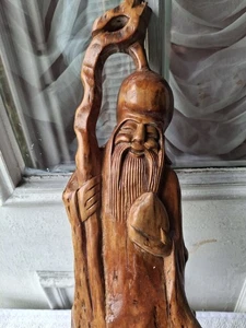 Wooden Carved Statue Chinese God Of Wisdom And Longevity Sculpture 19 ins - Picture 1 of 7